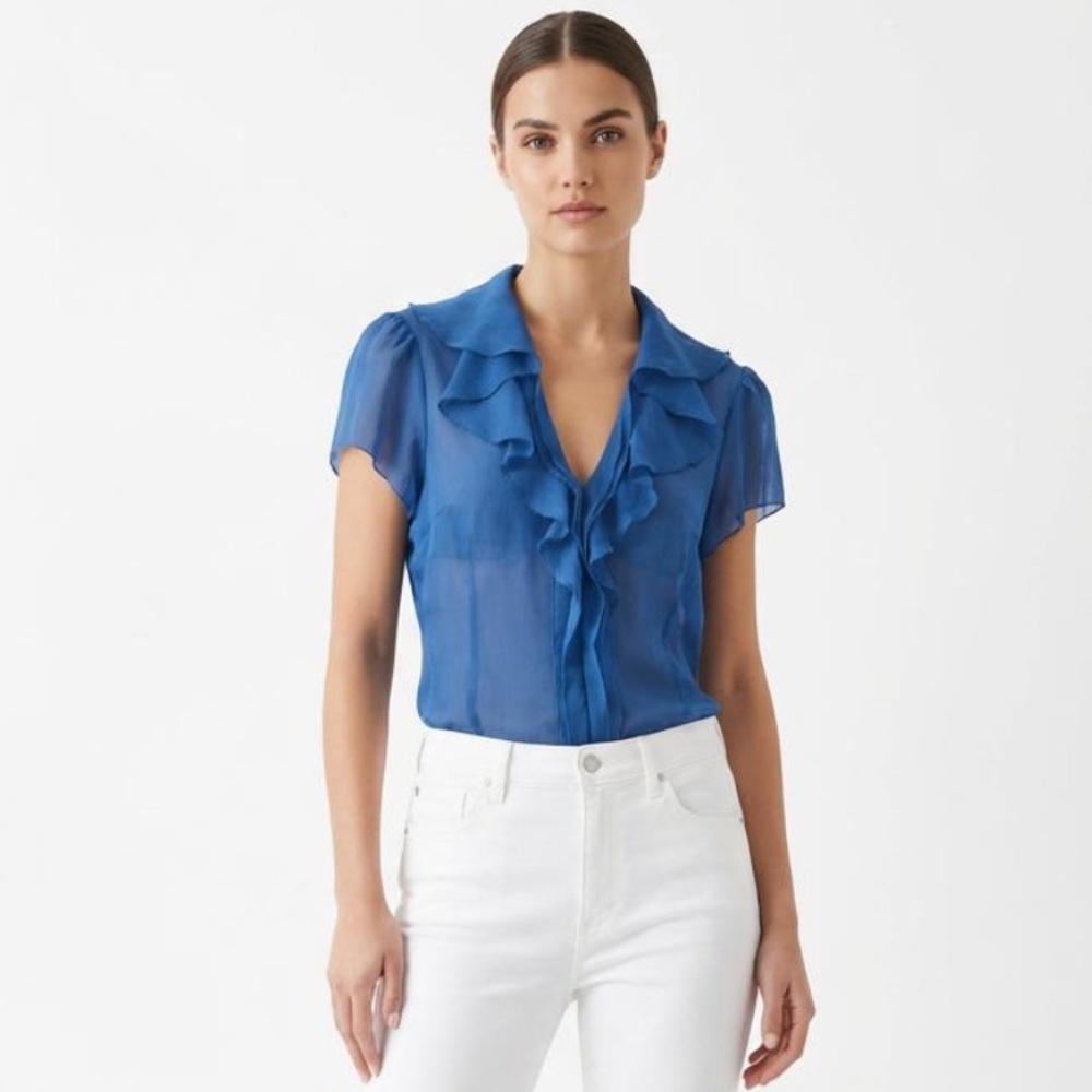 BCBGMaxAzria Silk Blue Ruffle Blouse